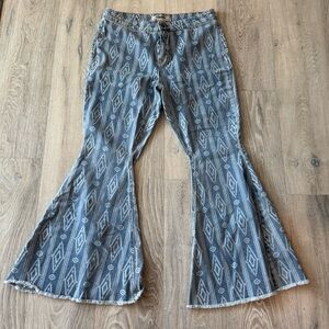 Rock & Roll Denim Bargain Button Bell Bottoms Western White and Blue Pattern